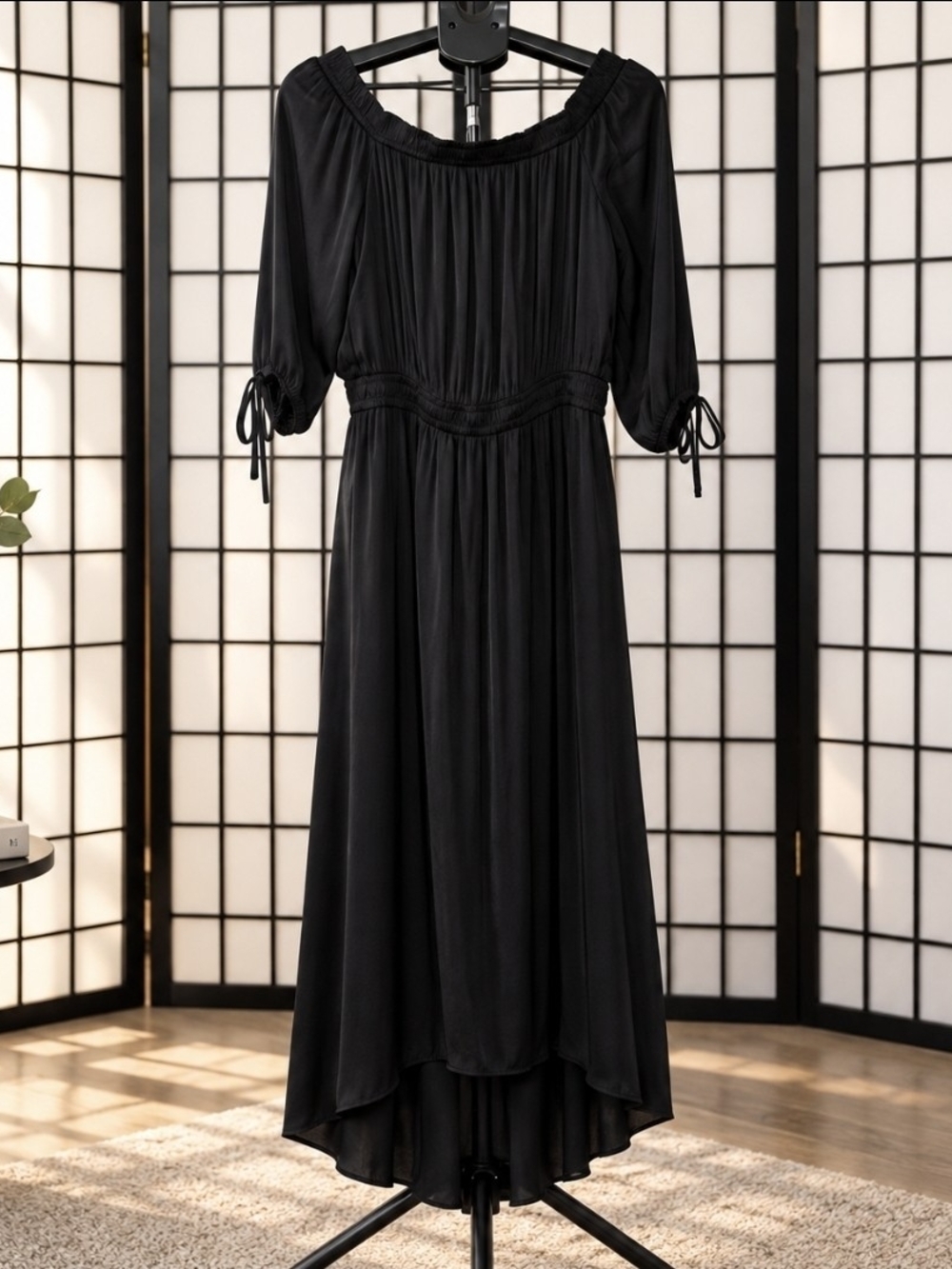 INC International Concepts Black Hi-Low Maxi Dress Size L Silky Formal Evening